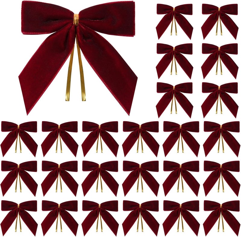 Utehilly 24 Pcs Burgundy Small Velvet Christmas Bows for Christmas Tree, Wreath, Gift Wrapping, Crafts, Wedding, Party, Twist Tie Bows for Treat Bag Bakery Candy Bags, Home Decor 1" W,3.5 x 3.5 inch - Image 1